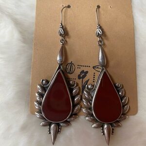 3” Vintage Artisan 925 Sterling Silver Teardrop Red Stone Dangle Earrings